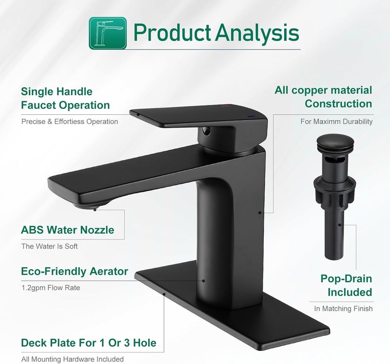 VOTON Black Bathroom Faucet Single Handle Bathroom Faucets for Sink 1 Hole Rv Lavatory Vanity Faucet with Pop-up Drain and Water Supply Lines - Image 5